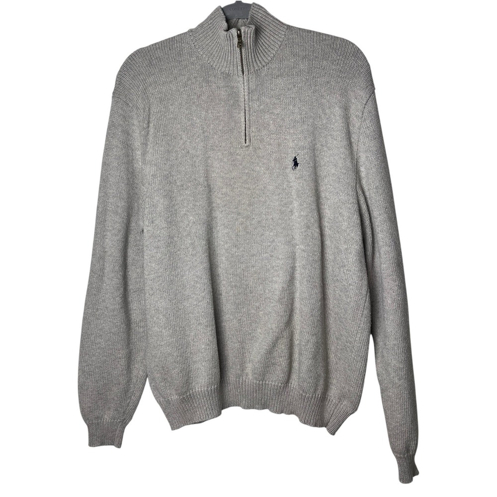 Polo Ralph Lauren Men's Gray 1/4 Zip Cotton Sweater XL Navy Blue Pony